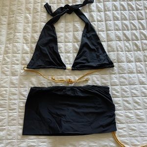 Womens Designer 2 Piece Swimsuit 👙 L/G Skirt Top Black NEW